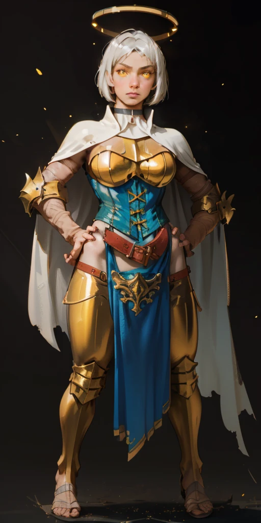 (black background) paladin lady in ornate golden armor, pauldrons, breastplate, corset, glowing halo, short hair, bob hair style, white silver hair, yellow glowing eyes, bright pupils, eye focus, red cape, particles, light beam, chromatic aberration, full body, whole body 1solo (girl) loincloth standing, hands on hips, metal sandals, leather black choker, big belt, view from below, feet together, bracers, tiara, fingers crossed, Sunglasses