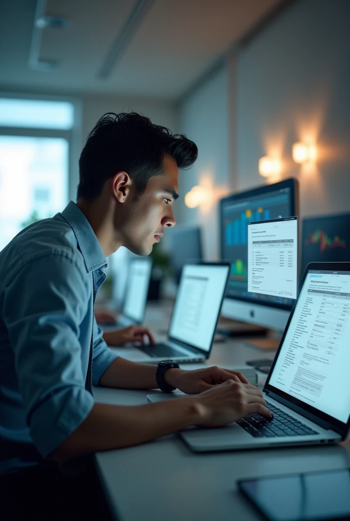 A young man in an office using several laptops, and from one of the laptops an electronic invoice comes out. in a Facebook cover size

