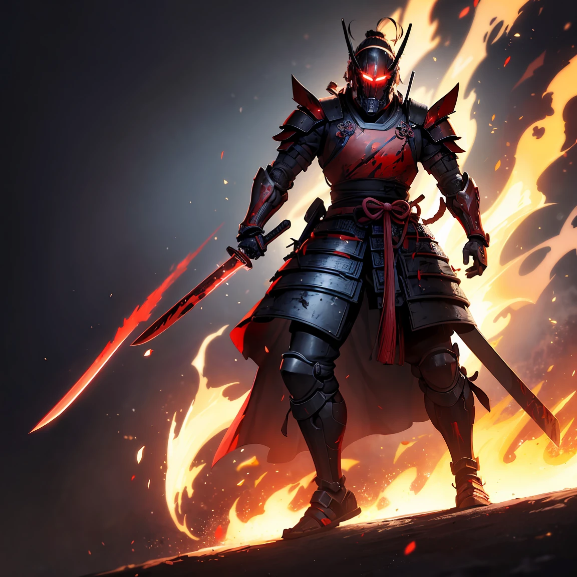 a samurai, with cybernetic armor, holding a sword embedded in fire, with a little blood on the armor, with red glow in the eyes,your face is hidden by a shadow ,full body on display 