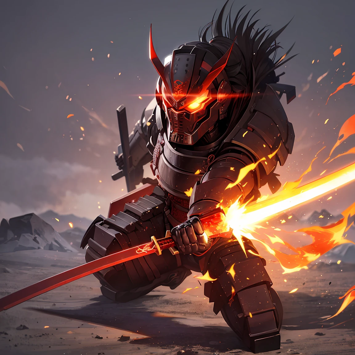 a samurai, with cybernetic armor, holding a sword embedded in fire, with a little blood on the armor, with red glow in the eyes,your face is hidden by a shadow ,full body on display