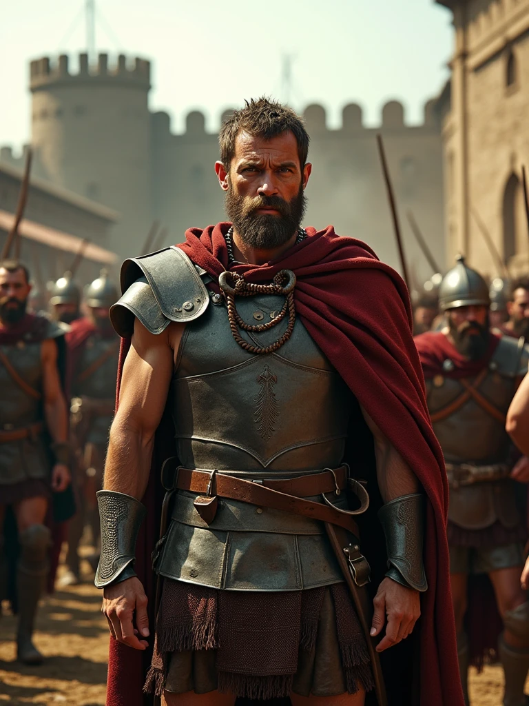 Vercingetorix, standing defiantly in front of his warriors, with a determined yet weary expression, ancient Gallic era, in Gallic chieftain’s armor with a flowing cape, inside the walls of Alesia, Vercingetorix rallying his troops for a final defense, the fortress walls and desperate warriors are seen in the background, medium shot, hyper-realistic, photo realism, cinematography -- ar 9:16