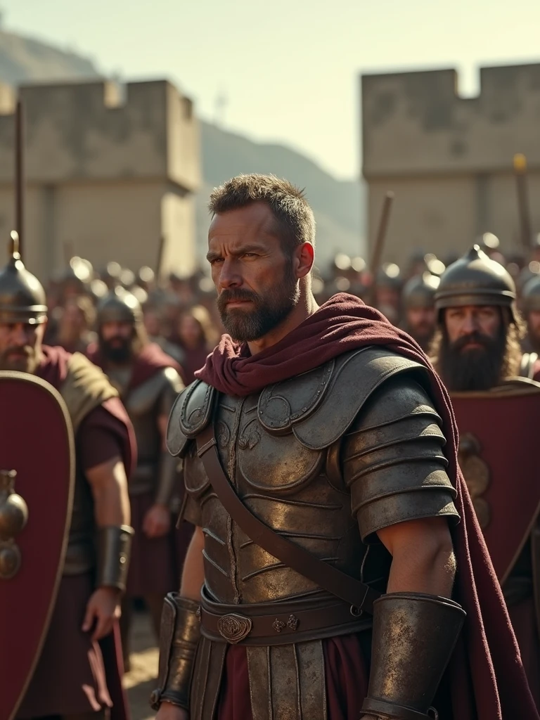 Vercingetorix, standing defiantly in front of his warriors, with a determined yet weary expression, ancient Gallic era, in Gallic chieftain’s armor with a flowing cape, inside the walls of Alesia, Vercingetorix rallying his troops for a final defense, the fortress walls and desperate warriors are seen in the background, medium shot, hyper-realistic, photo realism, cinematography -- ar 9:16
