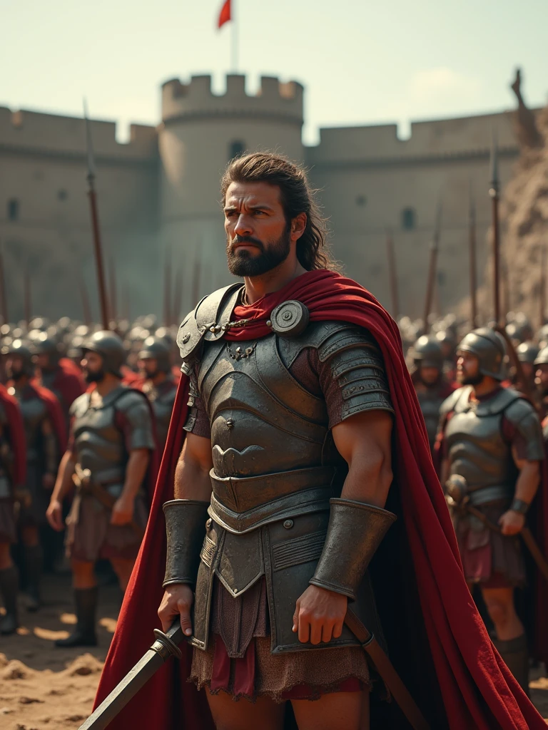 Vercingetorix, standing defiantly in front of his warriors, with a determined yet weary expression, ancient Gallic era, in Gallic chieftain’s armor with a flowing cape, inside the walls of Alesia, Vercingetorix rallying his troops for a final defense, the fortress walls and desperate warriors are seen in the background, medium shot, hyper-realistic, photo realism, cinematography -- ar 9:16