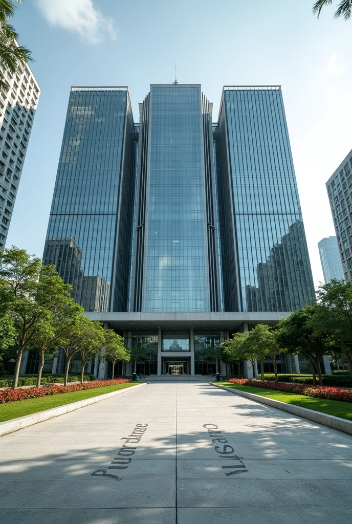 Create a very big headquarters with Singaporean architecture.The words FINANCE DOCKET exposed the compound has a driveway grass and flowers neatly organized no trees I can't see the words Executive Docket on the concrete I want to see the words