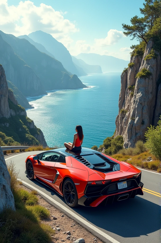 A person sitting on top of a sports car on the mountain by the sea