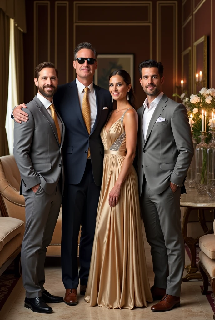 Detailed Description of Mazzoni Family Photography Environment:
Location: The photograph is taken in an elegant hall of a mansion or a luxurious terrace, overlooking a stunning landscape. The environment displays a classic and refined decoration, with luxury furniture, ornate frames on the walls, and crystal light fixtures that create soft, warm lighting.
1. John Vicente Mazzoni (Ian Bohen):
Position: Giovanni is standing, slightly front and center of the image, with a confident and dignified posture.
Appearance: He wears a dark tailored suit (deep navy blue), with a crisp white shirt and a gold silk tie. The suit is perfectly fitted, highlighting his imposing figure. A white pocket square with a small gold detail adds a touch of sophistication. Giovanni wears stylish sunglasses and a luxury watch visible on his wrist. His hair is neatly combed and he wears a light, confident smile..
2. Clara Williams Dubois Albuquerque Mazzoni (Bridget Regan):
Position: Clara is next to Giovanni, slightly tilted towards you, with a warm and genuine smile.
Appearance: She wears a long, flowing dress in a golden or champagne hue., with subtle crystal or embroidery details that elegantly capture the light. The dress has a sophisticated design with a fitted waist and flowing skirt.. Clara has her hair tied up in a classic bun or loose in soft waves. She wears diamond earrings and a delicate necklace.. Your makeup is refined, with a natural and elegant tone.
3. Thomas Mazzoni (Tom Welling):
Position: Thomas is next to Clara, standing, with a relaxed posture and a friendly, trustworthy expression.
Appearance: He wears a light gray or navy blue suit., with a white shirt and a silver or dark blue tie. The suit has a modern and elegant cut. Thomas wears a fancy watch and his hair is neatly styled.. He displays a friendly smile and his posture is confident and relaxed..
4. Ailyn