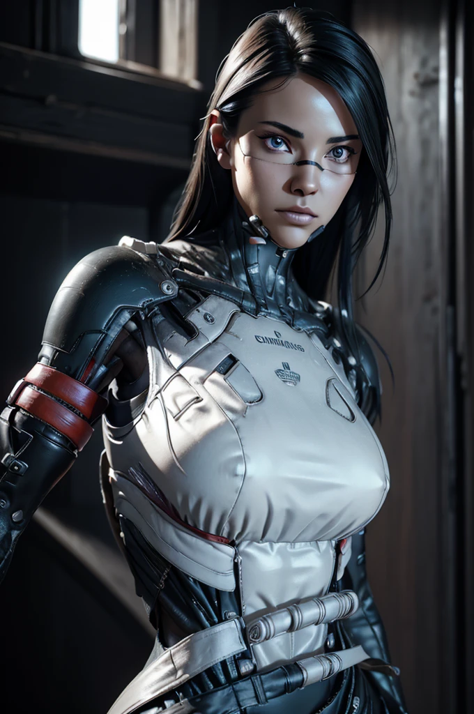 a highly detailed android with human appearance, black and brown hair, wearing a beautiful white sleeveless dress, long white elegant gloves, with an eye patch on the right eye, blue left eye full of energy, ultra-detailed, (best quality,4k,8k,highres,masterpiece:1.2),ultra-detailed,(realistic,photorealistic,photo-realistic:1.37),cinematic lighting,dramatic lighting,intricate details,chiaroscuro,moody atmosphere,ethereal