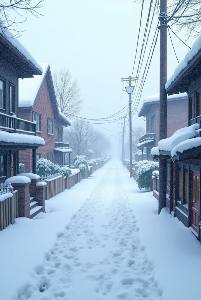 A street full of snow.I am on the second least floor of the house and the snow peak touching the second least floor