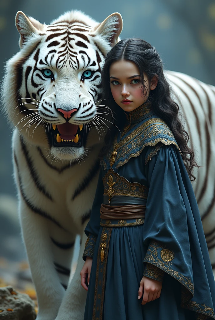 Highly detailed and stylized fantasy artwork featuring a young girl and a large, fierce white tiger. The girl, with pale skin and long, wavy dark hair, is dressed in an elaborate, dark blue dress adorned with intricate gold patterns and a wide belt. Her expression is serious and intense. The white tiger beside her has striking blue eyes, sharp teeth, and a powerful, muscular build, with its fur detailed in shades of white and grey. The background is a mix of dark and light tones, creating a dramatic and mystical atmosphere. The overall composition is dynamic, with a strong contrast between the characters and the background, emphasizing the fantastical and adventurous theme of the artwork.4K, anatomically correct, masterpiece, high details, award winning, high quality, super detail, best quality, 8k