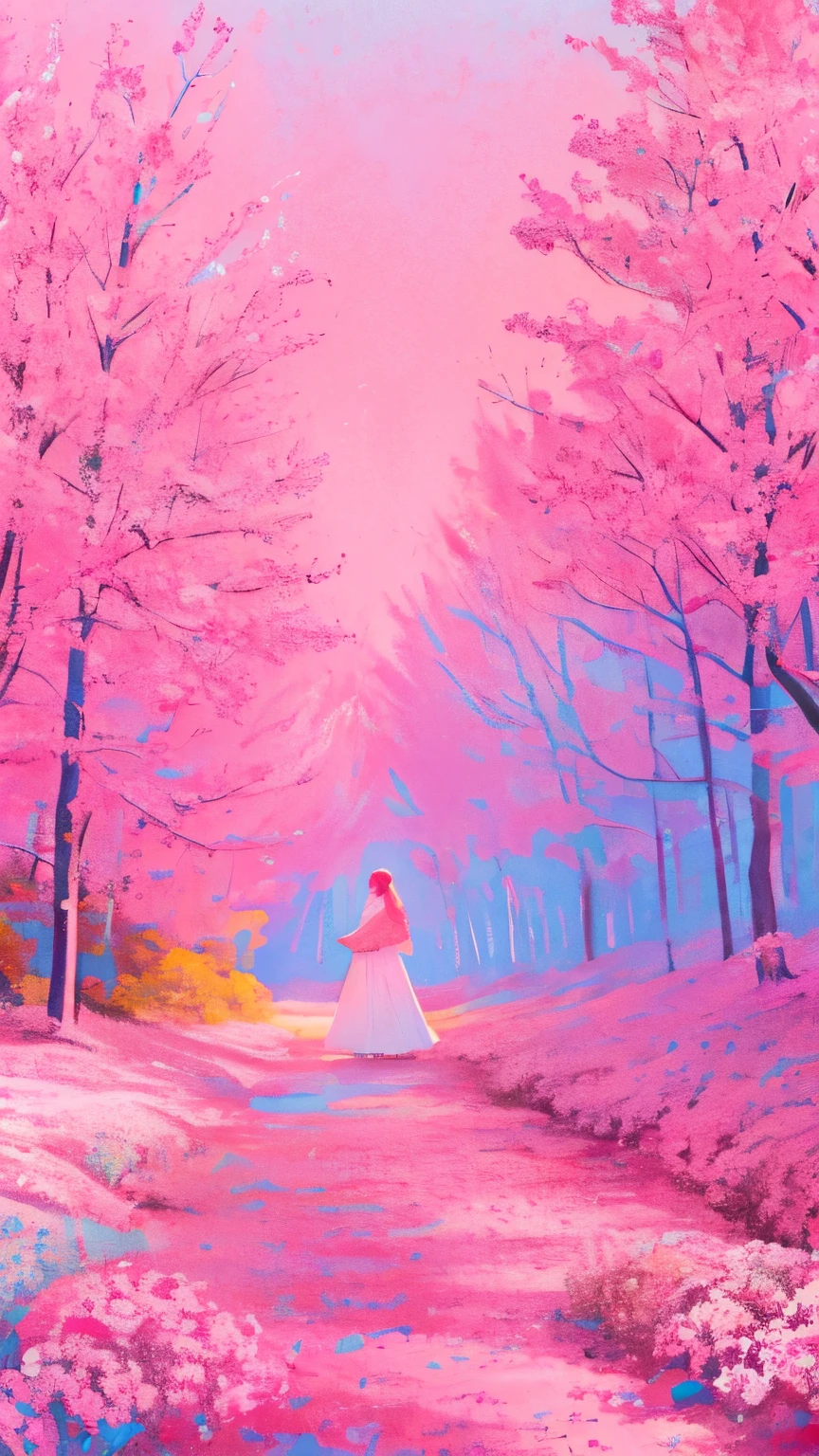 teacher、limited palette、colourfull、landscapes、Woman in wedding dress、the woods、natta、Pink flowers、pink leaves、Detailed background、masterpiece、top-quality、
