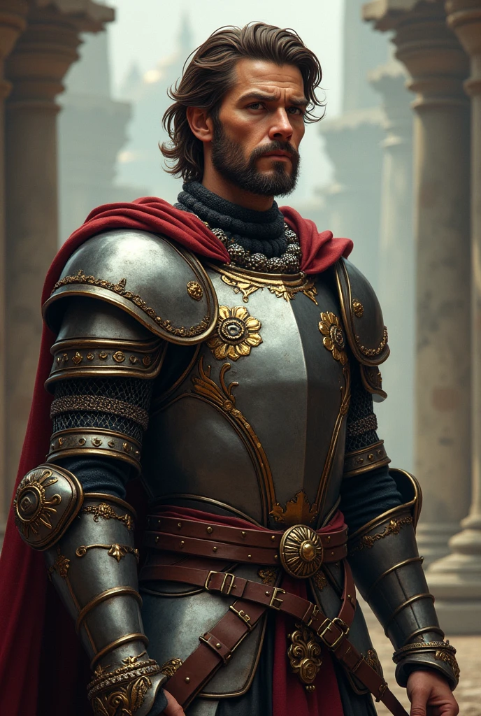 Illustrate the young actor Kurt Russell at 20 years old, like a Dungeons and Dragons warrior, with medieval armor, thin and smiling beard. 8k, adventure movie hero style. RPG, realisitic, detailded, swaggering gaze.
