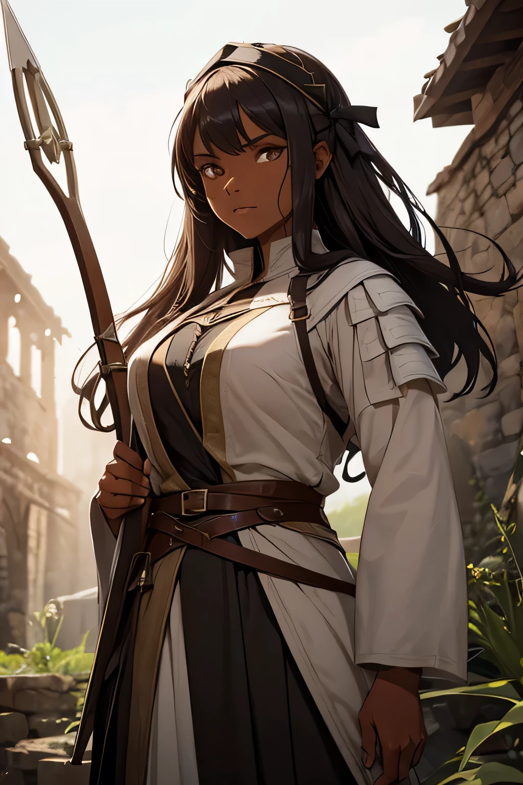 A medieval hunter woman, with cloth clothes, dark hair, dark skin and a bow and arrow