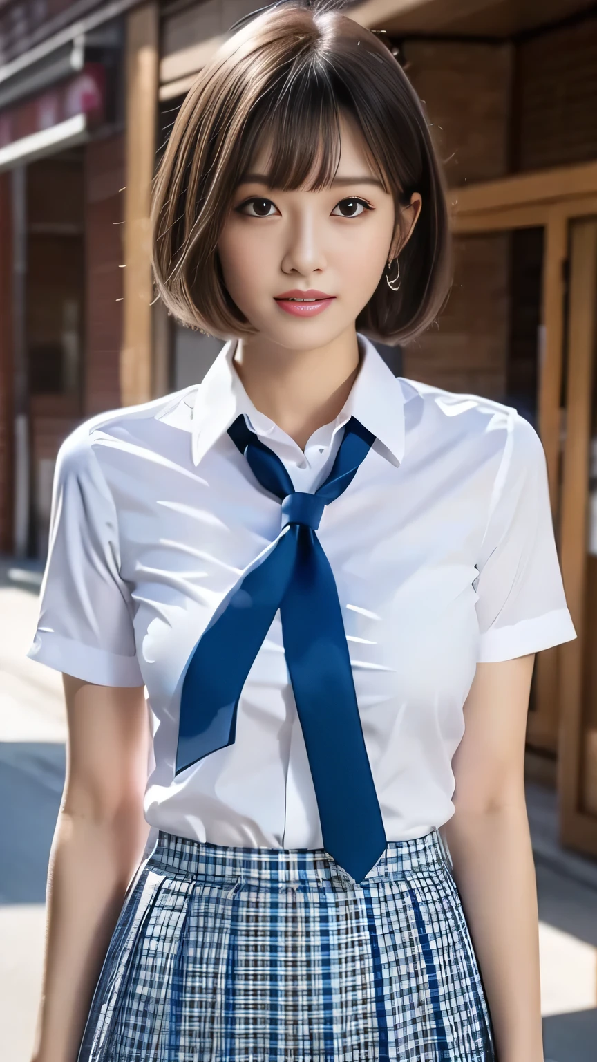 (high quality, 4K, 8k, High resolution, masterpiece), Cowboy Shot、Beautiful Japanese、Shiny black hair,、Beautiful short bob hair、Asymmetrical bangs, Shapely C-cup breasts、Smooth and soft skin, Pale pink lips, Natural Makeup, A kind smile, White dress shirt BREAK Blue ribbon tie BREAK Blue checkered pleated skirt, High resolutionの美しい太もも, blue sky, Professional Lighting, Professional Photographer, Low - Angle、