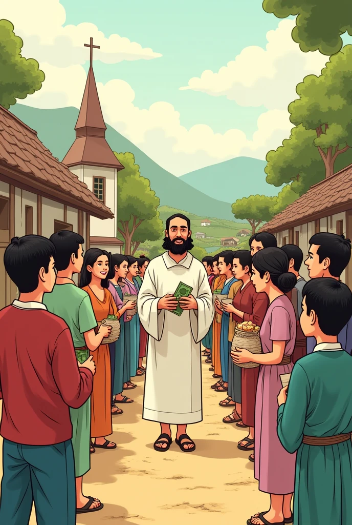Simple color drawing of people giving money to an adult priest in a village