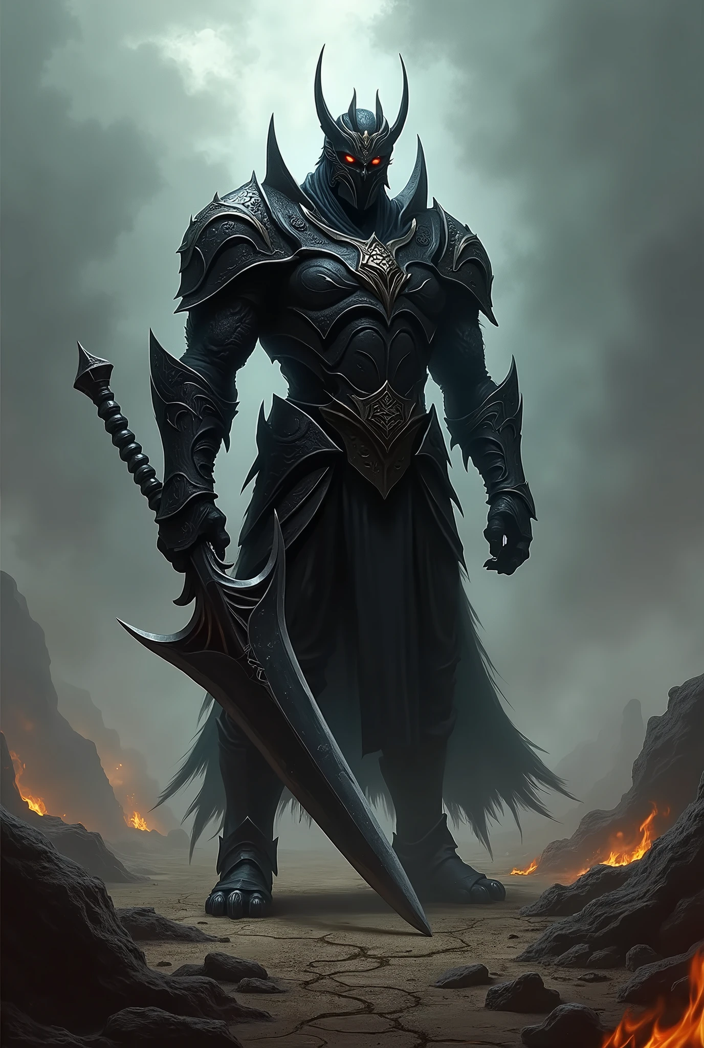 image of the dark warrior, this time on a desolate battlefield, with an even more intense and threatening atmosphere. I hope you find it impressive!