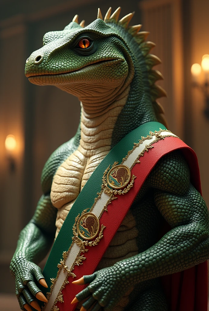 A Reptilian with the Presidential Sash of Mexico.
