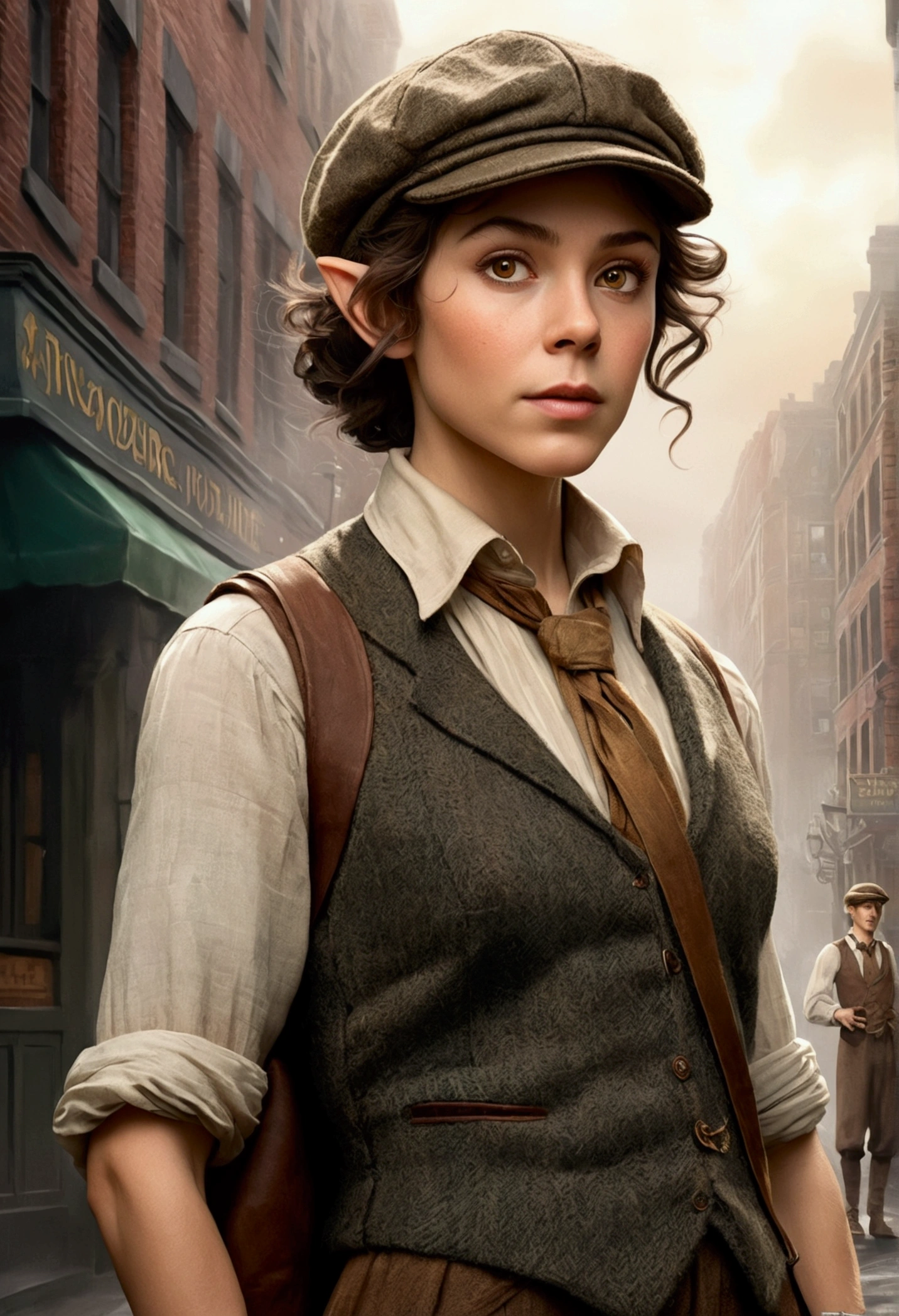 An illustrated movie poster, hand-drawn, full color, an elven maiden, wearing a tweed vest and a newsie cap, tall, toned, amazonian stature, athletic hourglass figure, long pointy elf ears, amber eyes, dark hair, shaggy bob cut, deep sun-tanned skintone, freckles, standing on a foggy Victorian-era street corner, graphite shading, stencil marks, airbrushed acrylic paint, masterpiece, in the style of Sherlock Holmes, elf ears