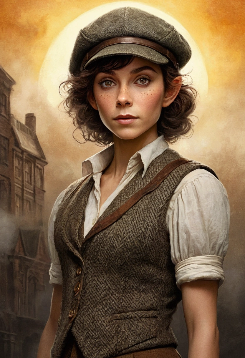 An illustrated movie poster, hand-drawn, full color, an elven maiden, wearing a tweed vest and a newsie cap, tall, toned, amazonian stature, athletic hourglass figure, long pointy elf ears, amber eyes, dark hair, shaggy bob cut, deep sun-tanned skintone, freckles, standing on a foggy Victorian-era street corner, graphite shading, stencil marks, airbrushed acrylic paint, masterpiece, in the style of Sherlock Holmes, elf ears