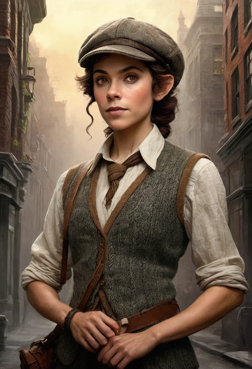 An illustrated movie poster, hand-drawn, full color, a teenage elven girl, wearing a tweed vest and a newsie cap, athletic hourglass figure, long pointy elf ears, amber eyes, dark hair, curly bob cut, deep sun-tanned skintone, standing on an victorian-era street corner, graphite shading, stencil marks, airbrushed acrylic paint, masterpiece, in the style of the Sherlock Holmes