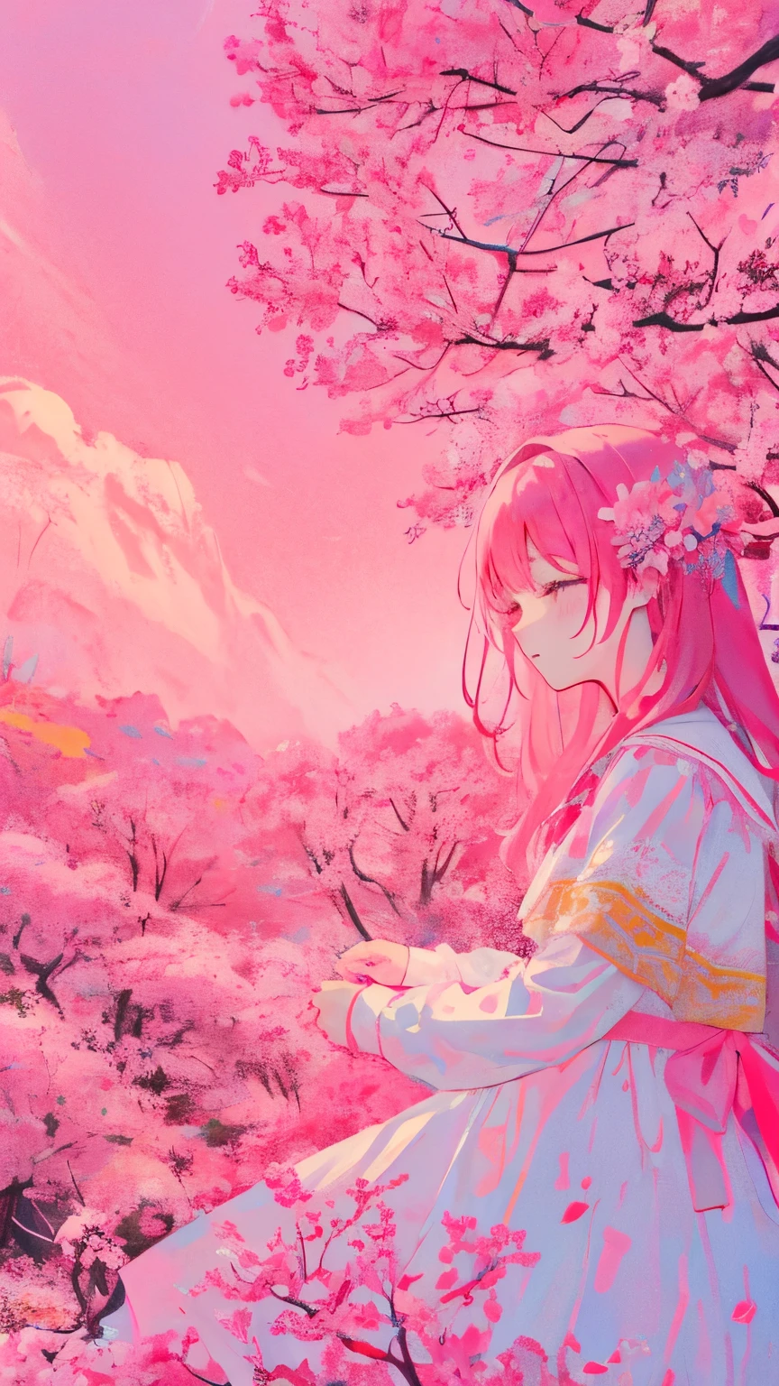 teacher、limited palette、colourfull、landscapes、Woman in wedding dress、the woods、natta、Pink flowers、pink leaves、Detailed background、​masterpiece、top-quality、