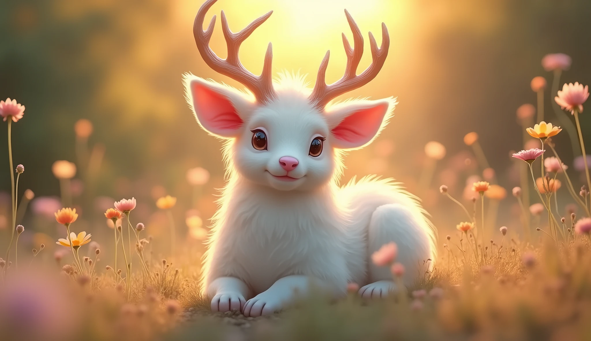 Her hangi bir hayvan, 32K UHD, warm tone, afternoon sunlight, white fur, pink snout, antlers