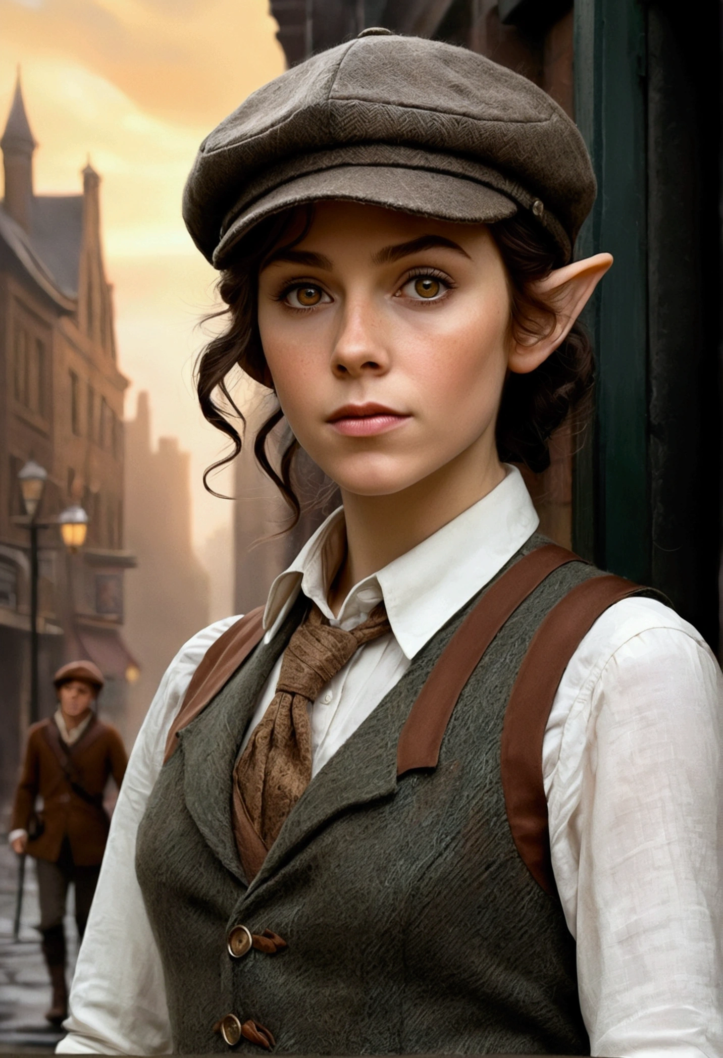 An illustrated movie poster, hand-drawn, full color, an elven maiden, wearing a tweed vest and a newsie cap, tall, toned, amazonian stature, athletic hourglass figure, long pointy elf ears, amber eyes, dark hair, shaggy bob cut, deep sun-tanned skintone, freckles, standing on a foggy Victorian-era street corner, graphite shading, stencil marks, airbrushed acrylic paint, masterpiece, in the style of Sherlock Holmes, elf ears