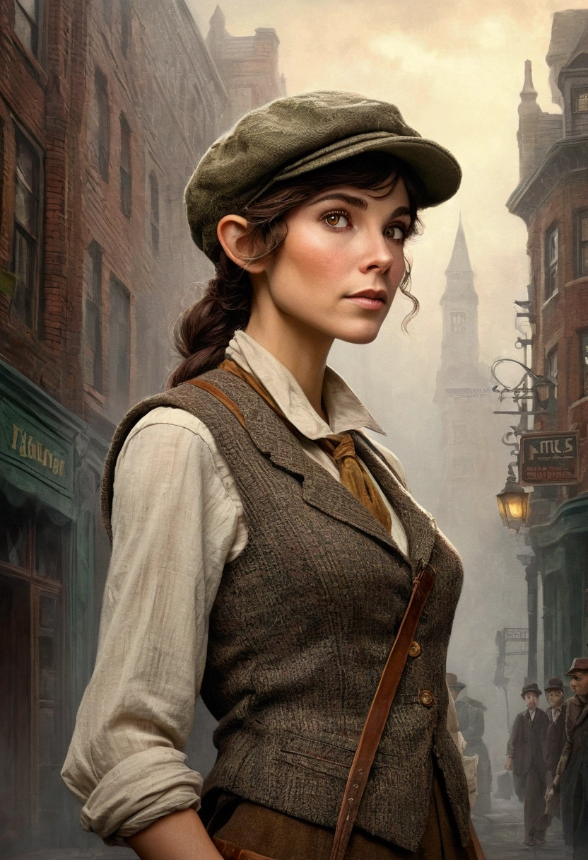 An illustrated movie poster, hand-drawn, full color, an elven maiden, wearing a tweed vest and a newsie cap, tall, toned, amazonian stature, athletic hourglass figure, long pointy elf ears, amber eyes, dark hair, shaggy bob cut, deep sun-tanned skintone, freckles, standing on a foggy Victorian-era street corner, graphite shading, stencil marks, airbrushed acrylic paint, masterpiece, in the style of Sherlock Holmes, elf ears