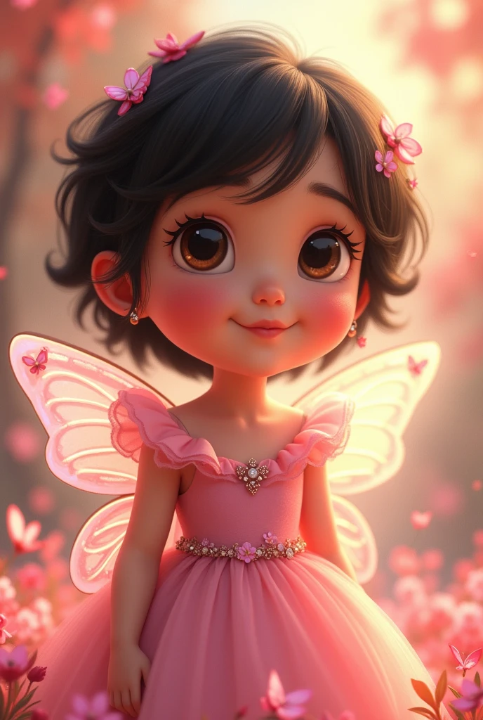 Brown eyed baby, short dark hair, medium fair skin, wearing pink princess dress with butterfly details, Pixar-style, one year old, with butterfly wings