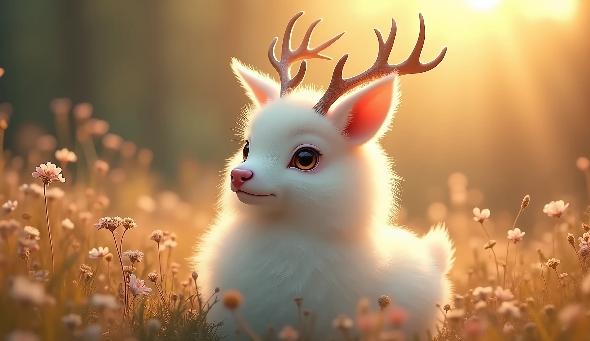 Her hangi bir hayvan, 32K UHD, warm tone, afternoon sunlight, white fur, pink snout, antlers 