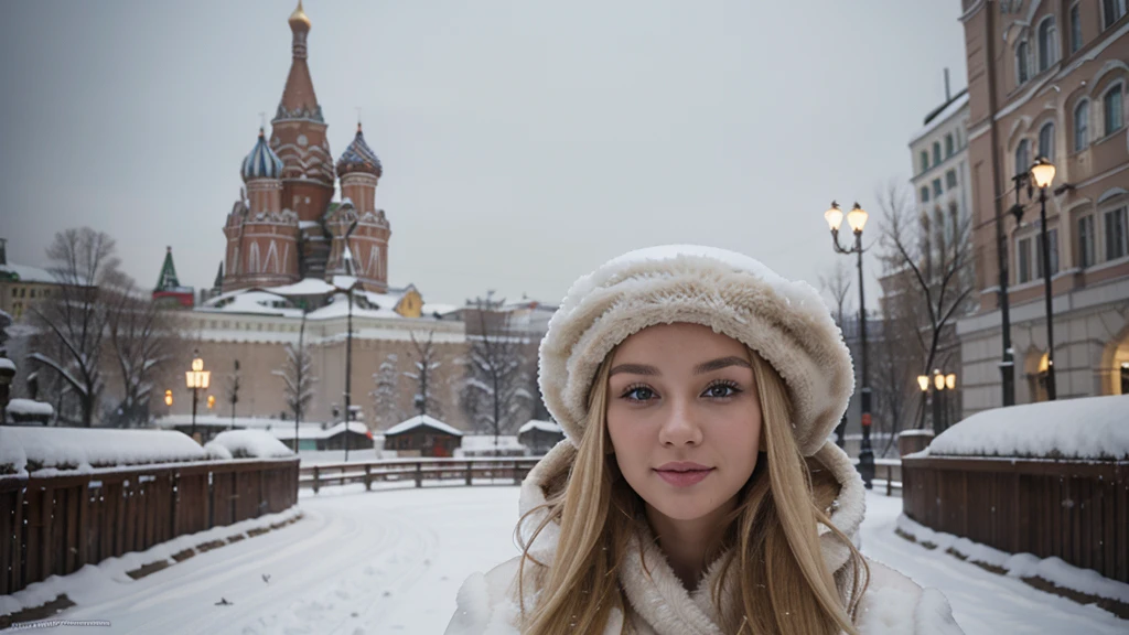 Slavic Women's hot, blonde, in an Ushanka hat capturing the beauty and scenery of Moscow, snow, showing their natural charm and outgoing personality. 4k, cinematic, realistic