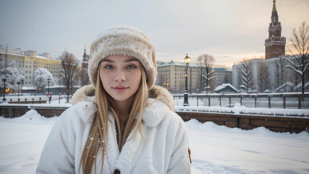 Slavic Women's hot, blonde, in an Ushanka hat capturing the beauty and scenery of Moscow, snow, showing their natural charm and outgoing personality. 4k, cinematic, realistic