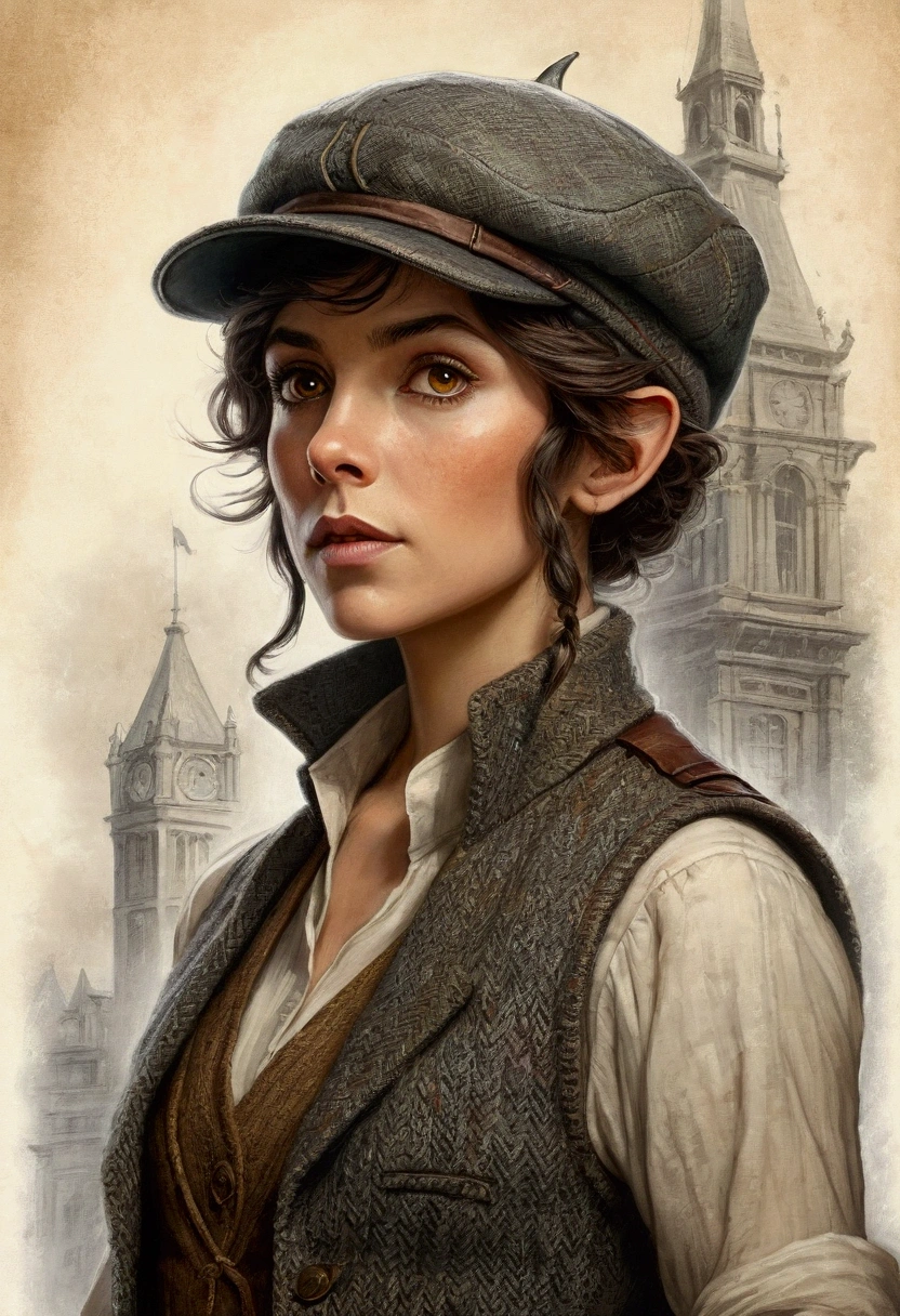 An illustrated movie poster, hand-drawn, full color, an elven maiden, wearing a tweed vest and a newsie cap, tall, toned, amazonian stature, athletic hourglass figure, long pointy elf ears, amber eyes, dark hair, shaggy bob cut, deep sun-tanned skintone, freckles, standing on a foggy Victorian-era street corner, graphite shading, stencil marks, airbrushed acrylic paint, masterpiece, in the style of Sherlock Holmes, elf ears