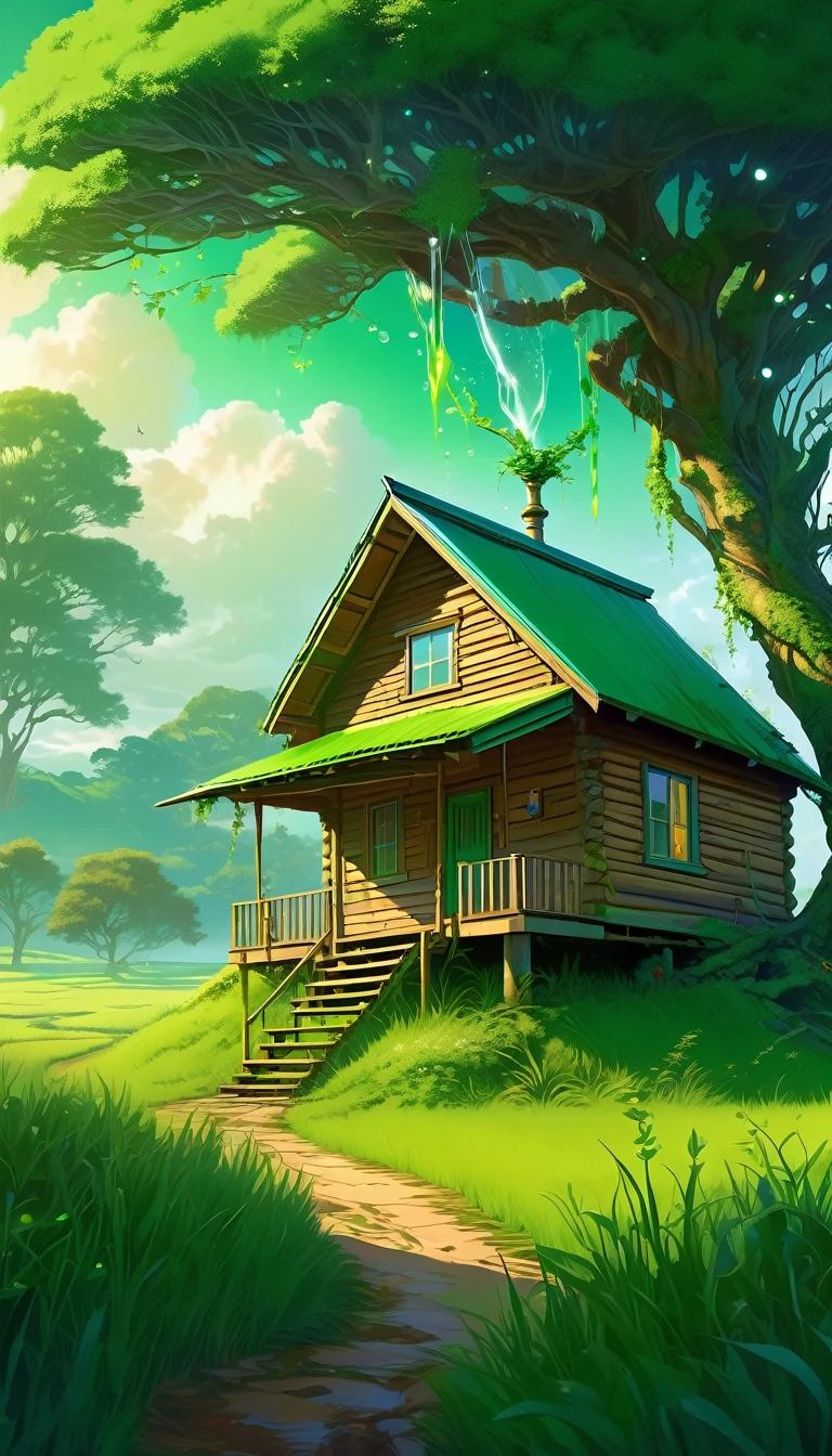 a painting of a cabin under a tree in a field, makoto shinkai cyril rolando, anime art wallpaper 4k, anime art wallpaper 4k, animated background, anime art wallpaper 8k, animated background art, anime landscape wallpaper, amazing wallpaper, hd wallpaper, 4k anime wallpaper, 4k anime wallpaper, anime countryside landscape, Highly detailed 4k digital art*The Wild Spirit bows his head, her changing features reflecting a glimmer of curiosity.*Each leaf, every drop of dew, Every beat of life in this sacred place is under my care. I am the whisper of the wind, the echo of the stream, the song of the bird. I am the very essence of this green kingdom.