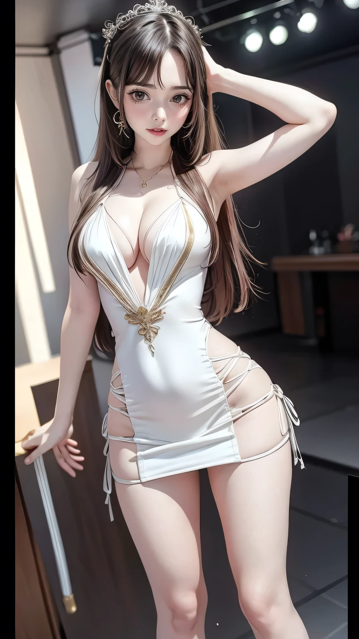 (8k, RAW Photos, Highest quality, masterpiece: 1.2)、Very detailed、Super Resolution、(Full body photography)、Natural color lip、Heavy eye makeup、(Super mini skirt tight dress costume 1.2), Gorgeous Accessories、Straight Hair、H cup breasts、Big Breasts:1.2、(Background of a high-end nightclub with a night view１.2)、(Dynamic Sexy Pose 1.2)、(Gorgeous Theme 1.2)、(With cleavage 1.2)、(((Blurred Background:1.5、Photo studio、Cinema Lighting、Professional Photographer)))