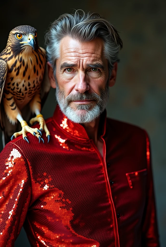 I would like you to make me Richard Gere with a beard in a bridesmaid dress . The dress has to be red sequins and has to have a hawk on the shoulder