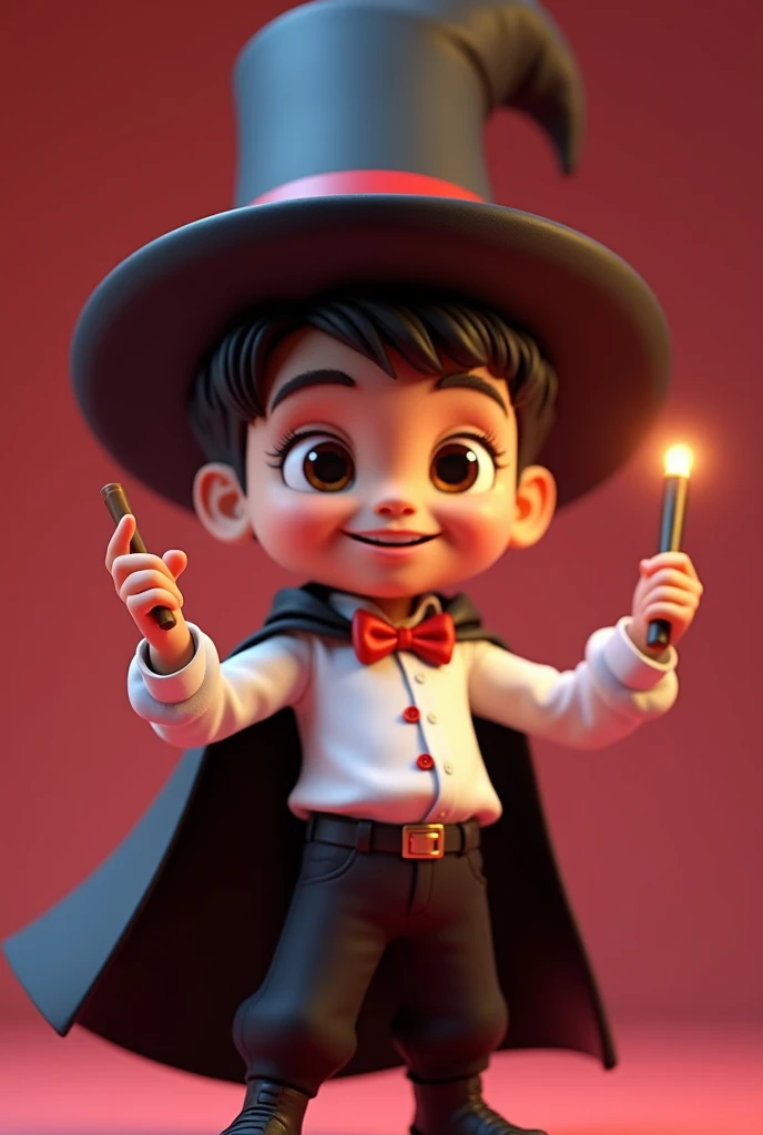 (boy with dark brown eyes and hair), black pants, red bow tie, black cape, white shirt with a red stripe on the belly, black magician's hat on his head with a red stripe (smiling and with a magic wand in his hand), developer , facing us, 3d rendering, pixar style, (detailed digital art), stylized 3d rendering, c4d, (full height), high quality, composition, masterpiece, art station, solid background