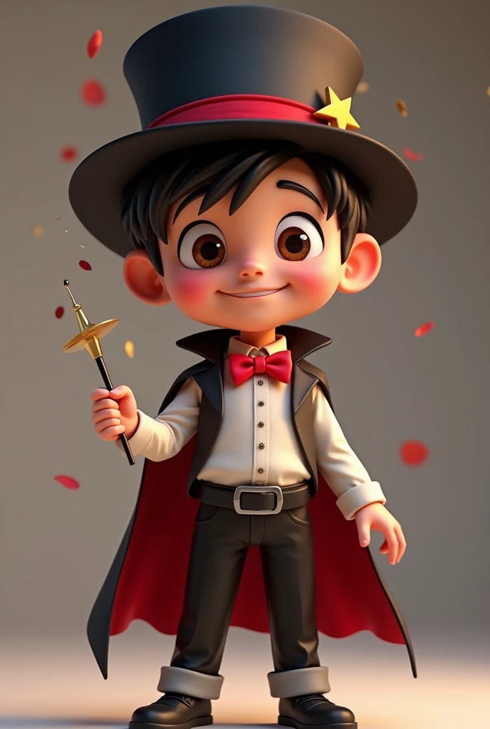(boy with dark brown eyes and hair), black pants, red bow tie, black cape, white shirt with a red stripe on the belly, black magician's hat on his head with a red stripe (smiling and with a magic wand in his hand), developer , facing us, 3d rendering, pixar style, (detailed digital art), stylized 3d rendering, c4d, (full height), high quality, composition, masterpiece, art station, solid background
