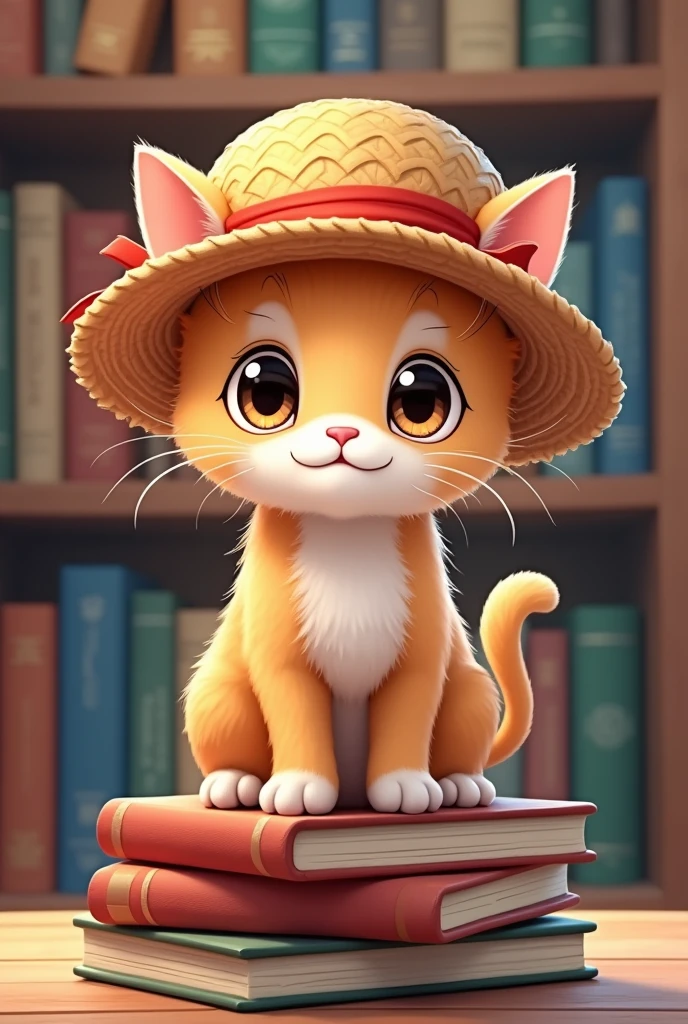 Logo of a kitten wearing a Luffy hat sitting on some books , behind a shelf of animes