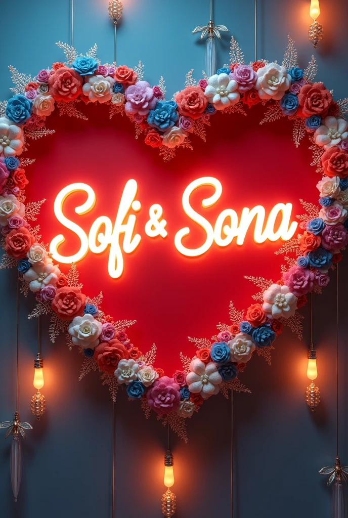 The picture shows a heart decorated with white blue red flowers and white vines on the wall, a red collar heart is formed by it, inside the heart some yellow neon light is shining and the name "SOfi & SONA" is written in a 3d stylish font with vines inside, pendants are left below and above the heart, flowers are shining, heart is shining in white and red, pendant has tiny pearls. 4k ultra quality images.