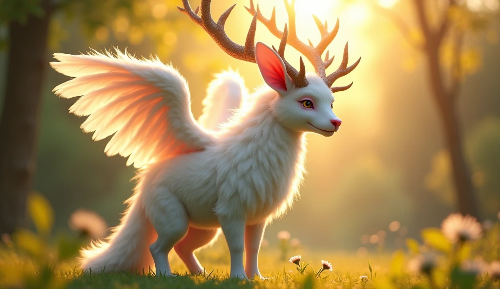 Her hangi bir hayvan, 32K UHD, warm tone, afternoon sunlight, white fur, pink snout, antlers, white wings