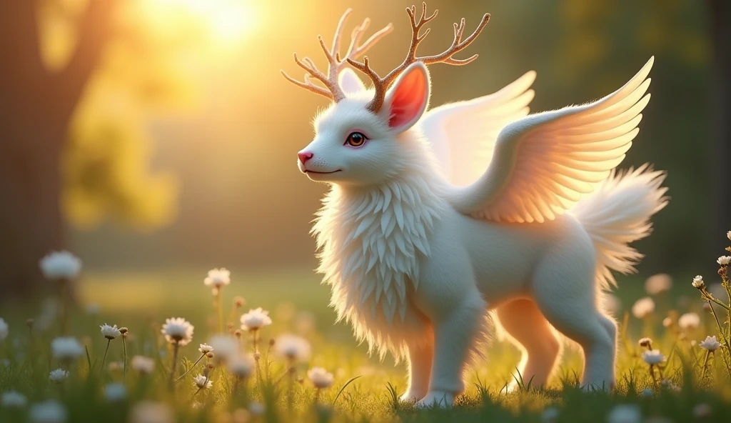 Her hangi bir hayvan, 32K UHD, warm tone, afternoon sunlight, white fur, pink snout, antlers, white wings