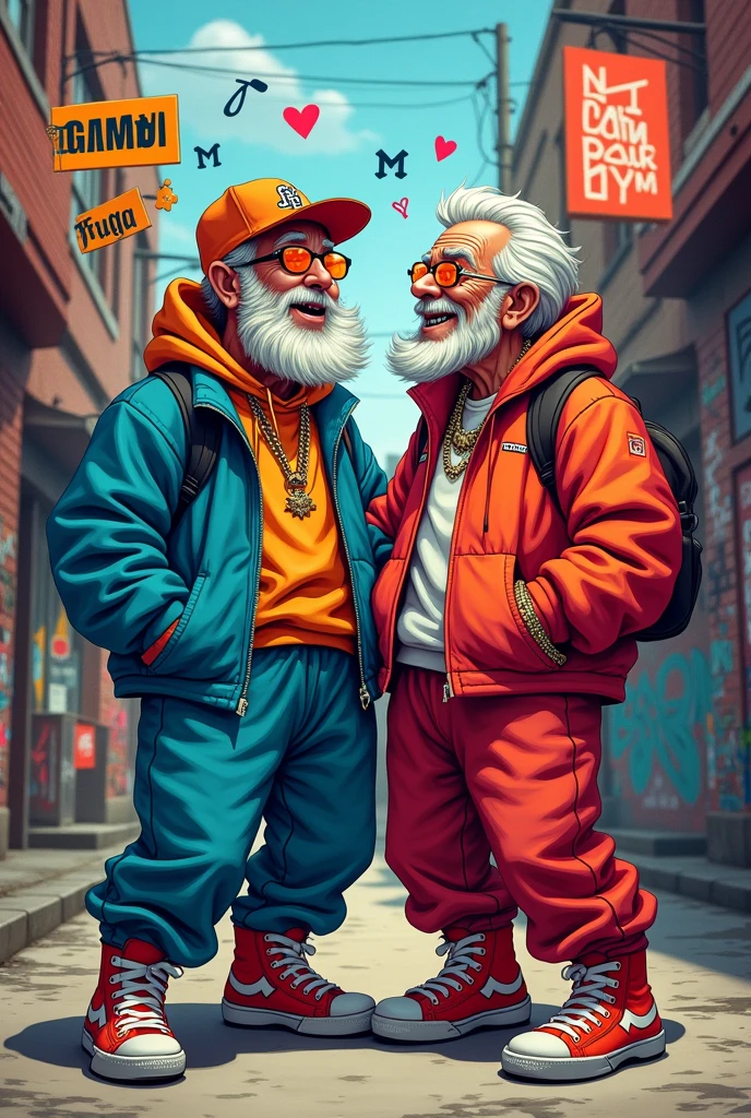Pair of hip hop grandparents with letters that say “happy grandparents day” and letters that say “fuga music”