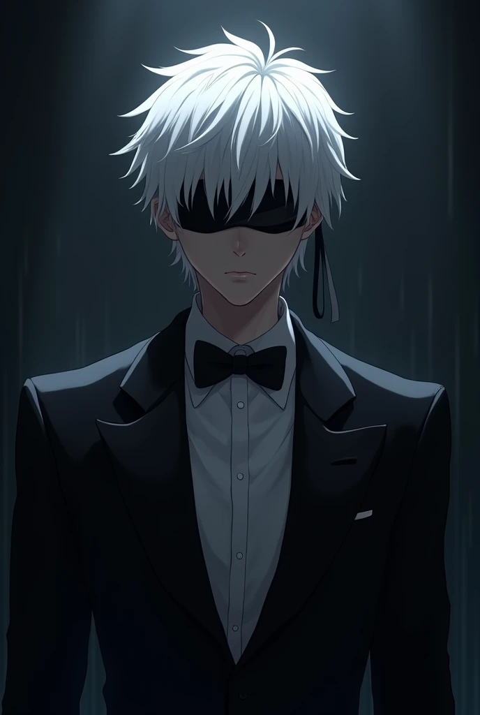 20 years old animated boy wearing black tuxedo, black blindfold with white hair like gojo in dark background 