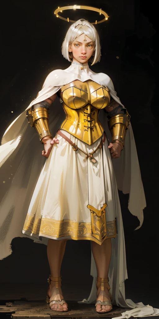 Character Appearance
Body Type: Full body, whole body 1solo (girl)
Hair: Short hair, bob hair style, white silver hair
Eyes: Yellow glowing eyes, bright pupils, eye focus
Armor: Ornate golden armor, pauldrons, breastplate, corset, glowing halo, white cape, loincloth, metal sandals, bracers, tiara
Accessories: Leather black choker, big belt, sunglasses
Pose and Setting
Pose: Standing, hands on hips, feet together, fingers crossed
View: View from below
Setting: Black background
