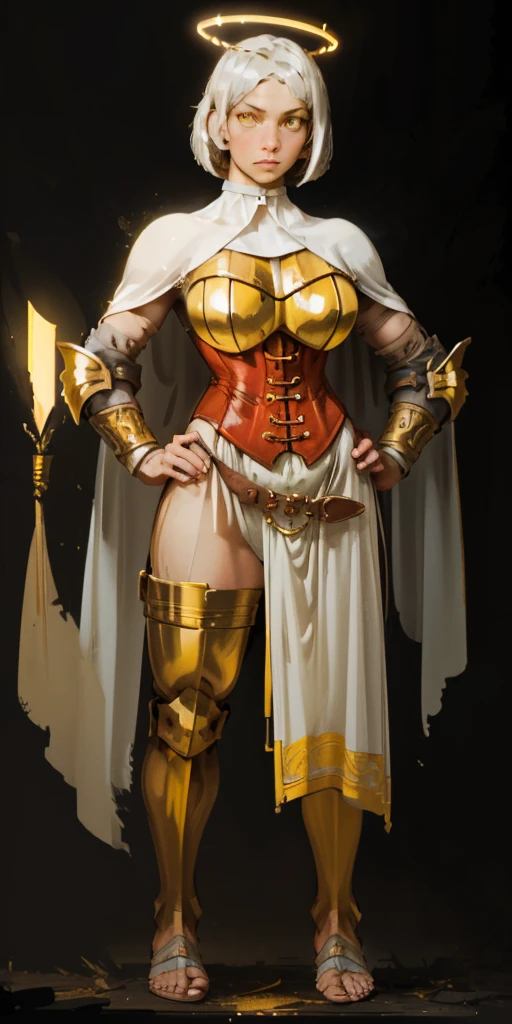 Character Appearance
Body Type: Full body, whole body 1solo (girl)
Hair: Short hair, bob hair style, white silver hair
Eyes: Yellow glowing eyes, bright pupils, eye focus
Armor: Ornate golden armor, pauldrons, breastplate, corset, glowing halo, white cape, loincloth, metal sandals, bracers, tiara
Accessories: Leather black choker, big belt, sunglasses
Pose and Setting
Pose: Standing, hands on hips, feet together, fingers crossed
View: View from below
Setting: Black background