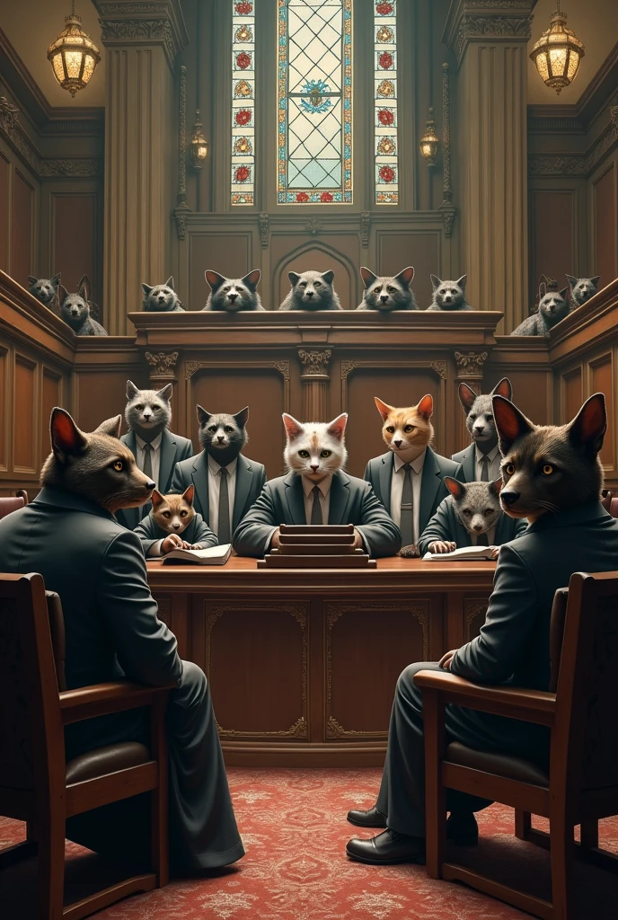 Un procès dans un tribunal judiciaire où les magistrats ont des têtes de chats, le public des têtes d’oiseaux, les jurés des têtes de cervidés, les accusés des têtes de chiens, les témoins des têtes de rongeurs et les avocats des têtes de hyènes