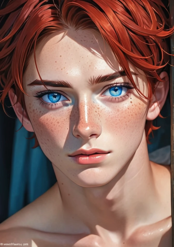 Boy, beautiful, red hair, Blue eyes, freckles seductive