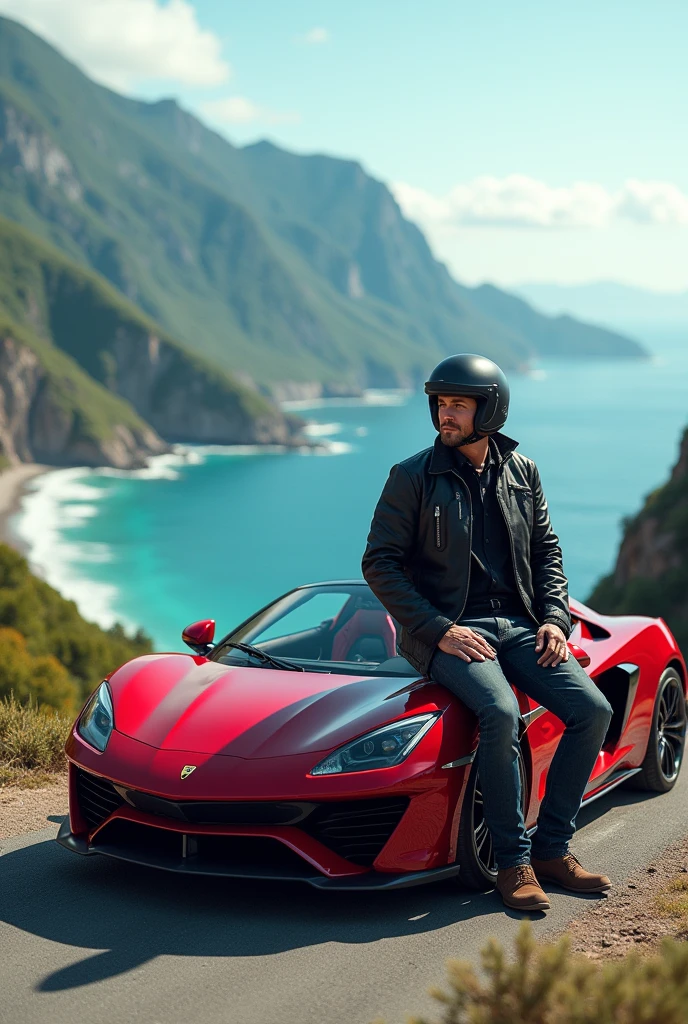A realistic man with a motorcycle helmet sitting on top of a sports car on the mountain by the sea