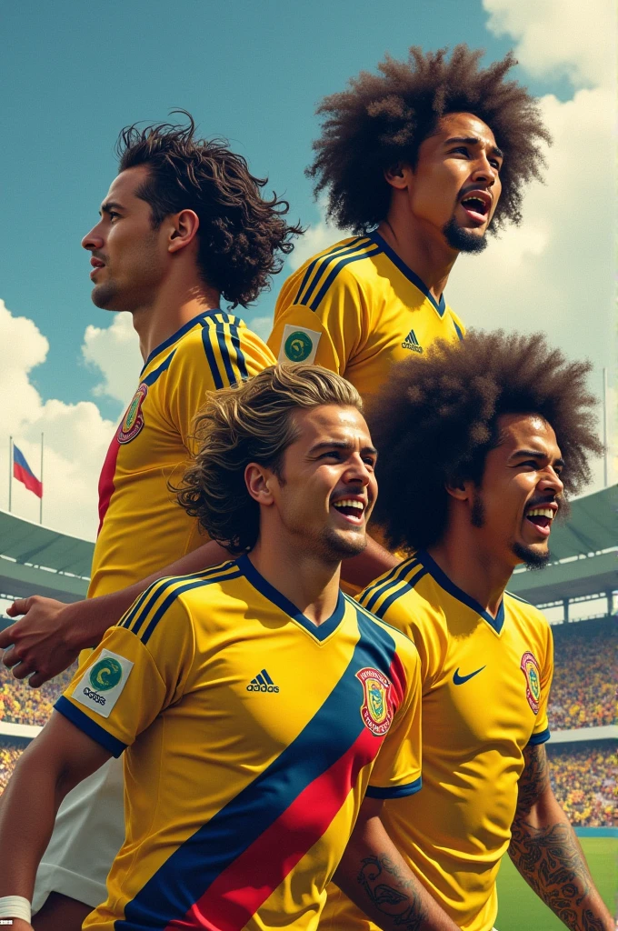 Create an image showing James Rodrigues, Juan Guillermo Cuadrado, Fredy Rincon and the boy Valderrama 