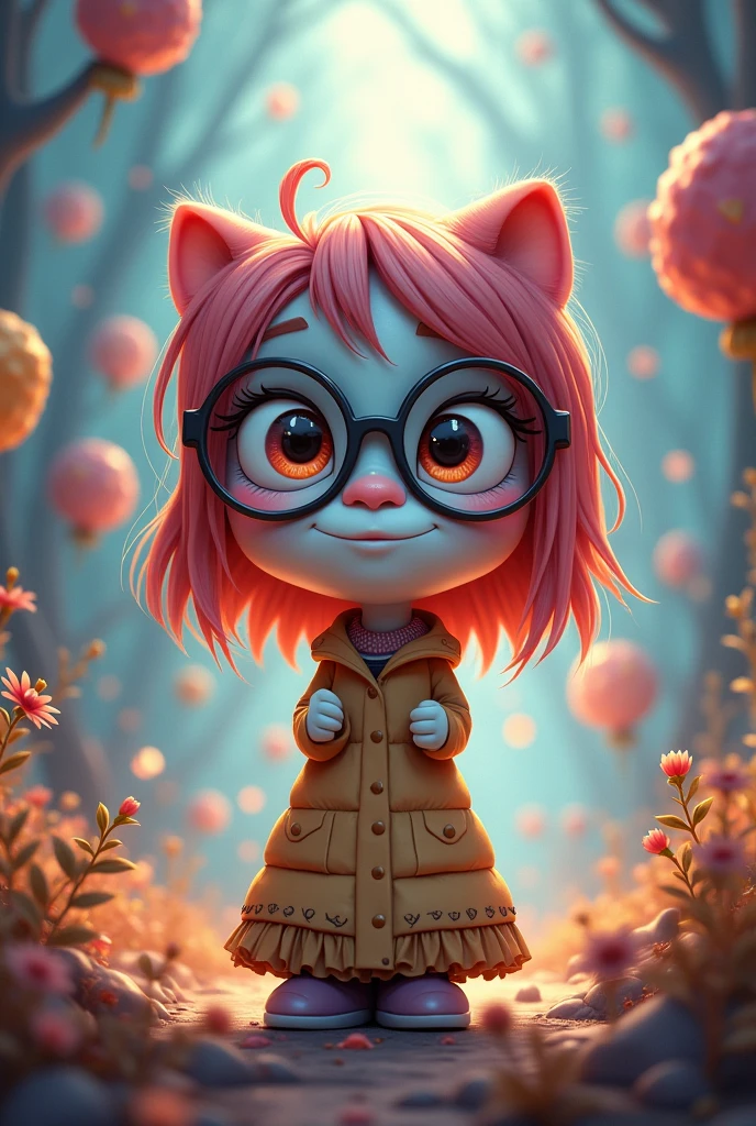 Imagine an avatar of a cartoon-style female monster, let it be tender, I wore glasses and was cool with an amazing background